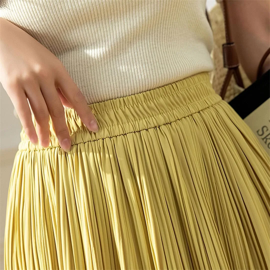 Hcclijo Spring Summer Pleated Skirts for Women Chic Fashion A Line Elegant Office Midi Skirt