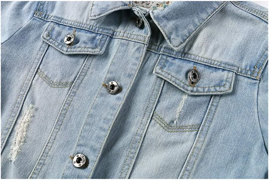 Hixiaohe Women Autumn 3/4 Sleeve Retro Short Denim Jackets Light Blue Jean Coats