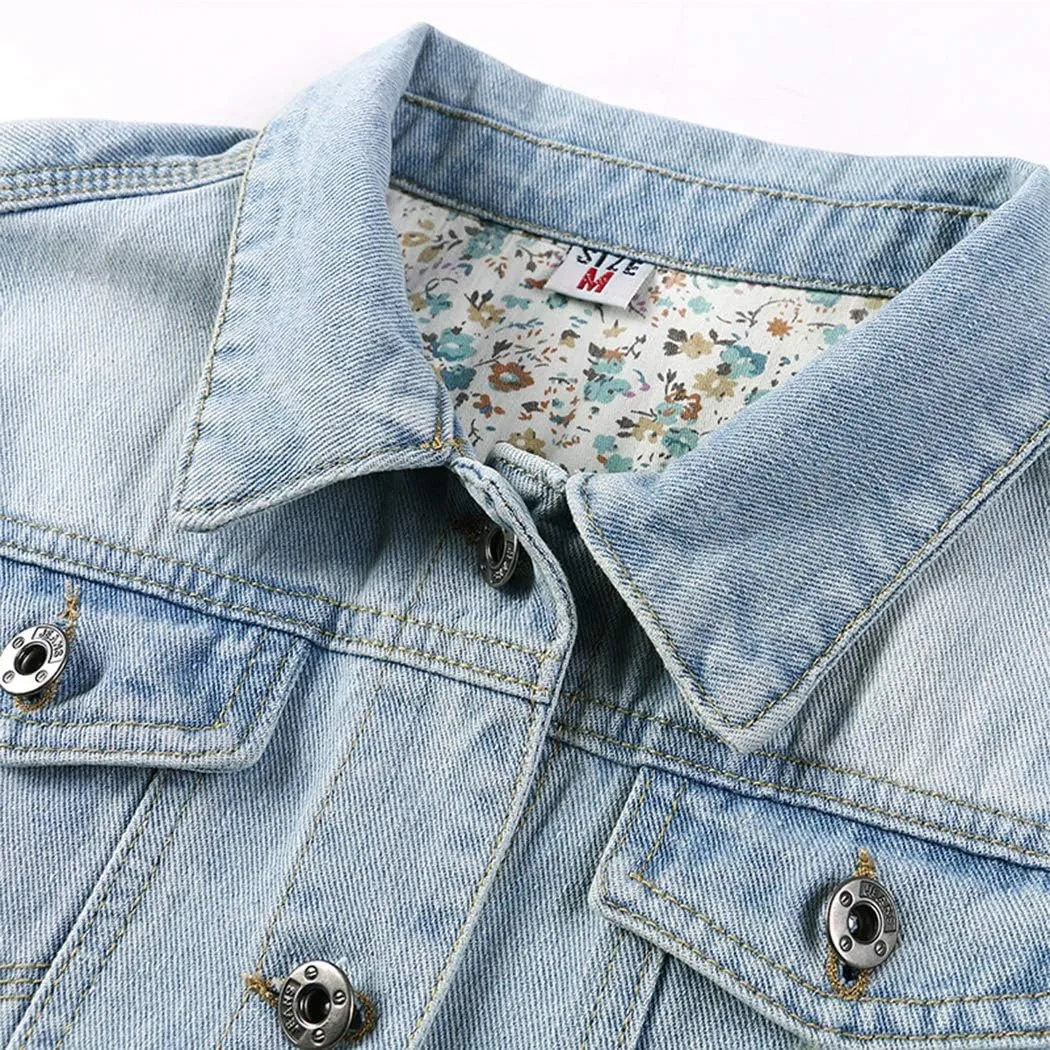 Hixiaohe Women Autumn 3/4 Sleeve Retro Short Denim Jackets Light Blue Jean Coats