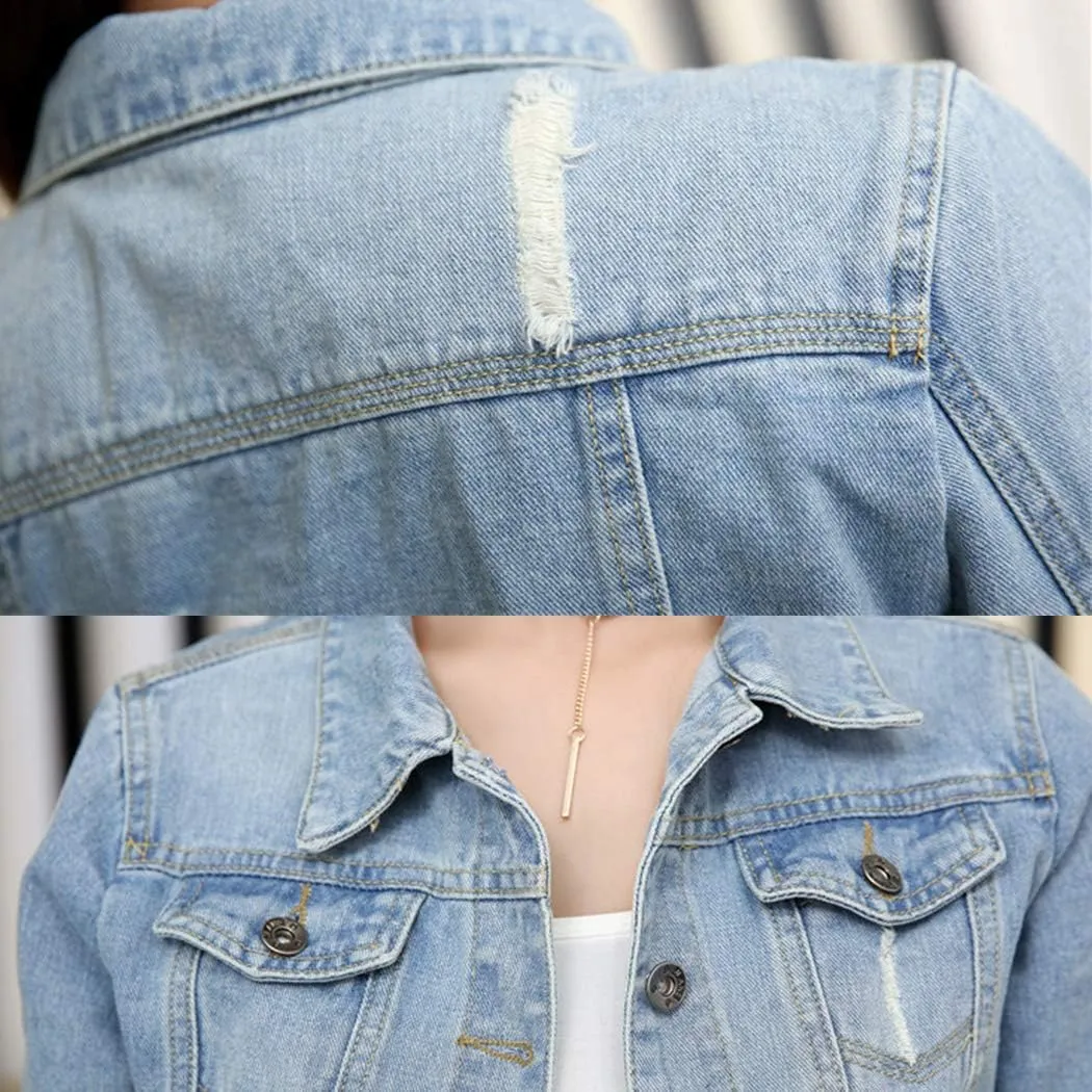 Hixiaohe Women Autumn 3/4 Sleeve Retro Short Denim Jackets Light Blue Jean Coats