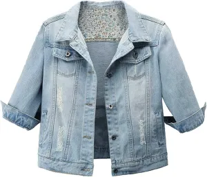 Hixiaohe Women Autumn 3/4 Sleeve Retro Short Denim Jackets Light Blue Jean Coats