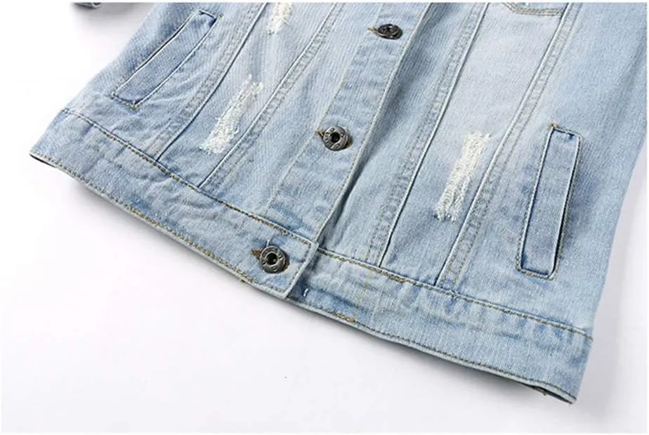 Hixiaohe Women Autumn 3/4 Sleeve Retro Short Denim Jackets Light Blue Jean Coats