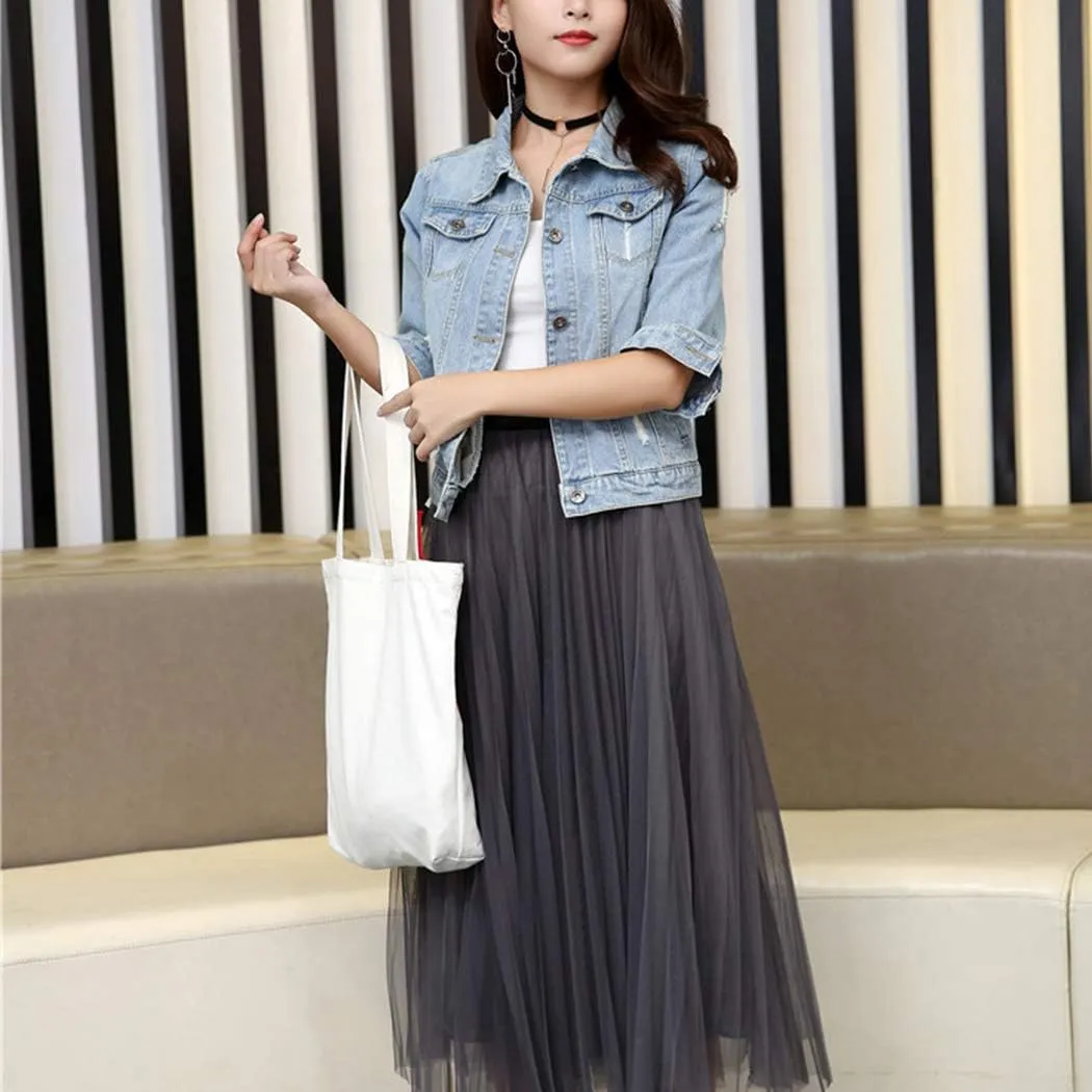 Hixiaohe Women Autumn 3/4 Sleeve Retro Short Denim Jackets Light Blue Jean Coats