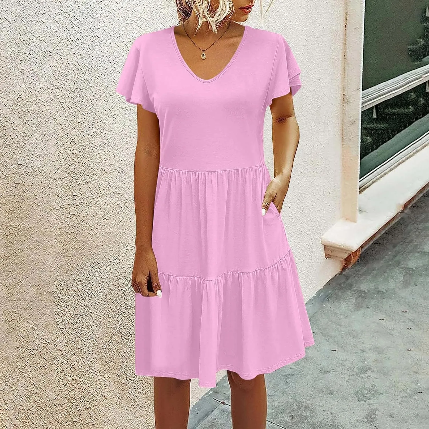 hlysgo Women's Casual Mini Dresses 2024 Summer V Neck Flowy Flutter Sleeve Dress Casual Short Ruffle Sundresses