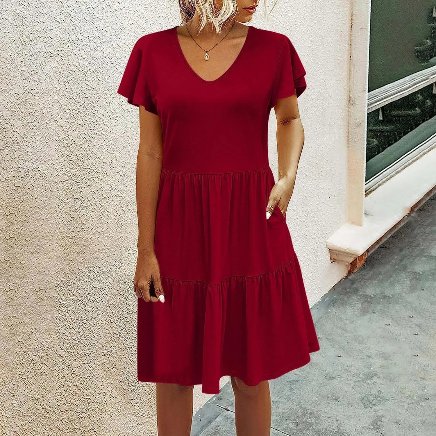 hlysgo Women's Casual Mini Dresses 2024 Summer V Neck Flowy Flutter Sleeve Dress Casual Short Ruffle Sundresses
