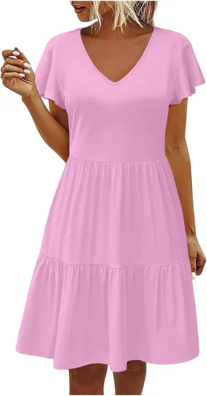 hlysgo Women's Casual Mini Dresses 2024 Summer V Neck Flowy Flutter Sleeve Dress Casual Short Ruffle Sundresses