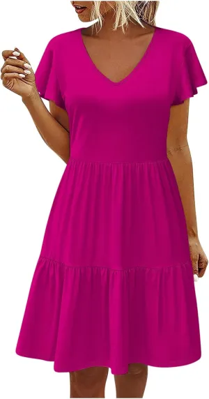 hlysgo Women's Casual Mini Dresses 2024 Summer V Neck Flowy Flutter Sleeve Dress Casual Short Ruffle Sundresses