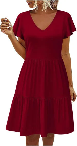 hlysgo Women's Casual Mini Dresses 2024 Summer V Neck Flowy Flutter Sleeve Dress Casual Short Ruffle Sundresses