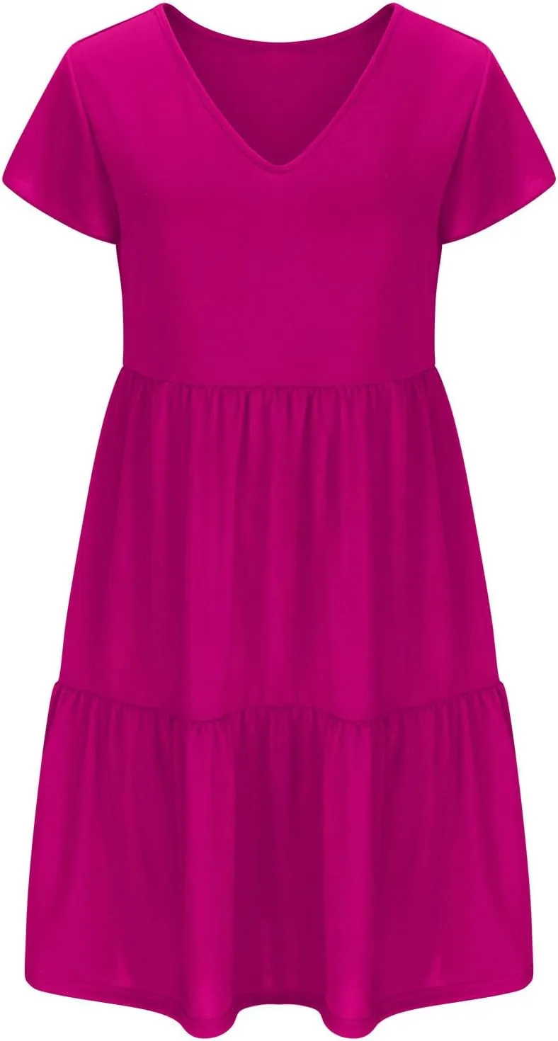 hlysgo Women's Casual Mini Dresses 2024 Summer V Neck Flowy Flutter Sleeve Dress Casual Short Ruffle Sundresses