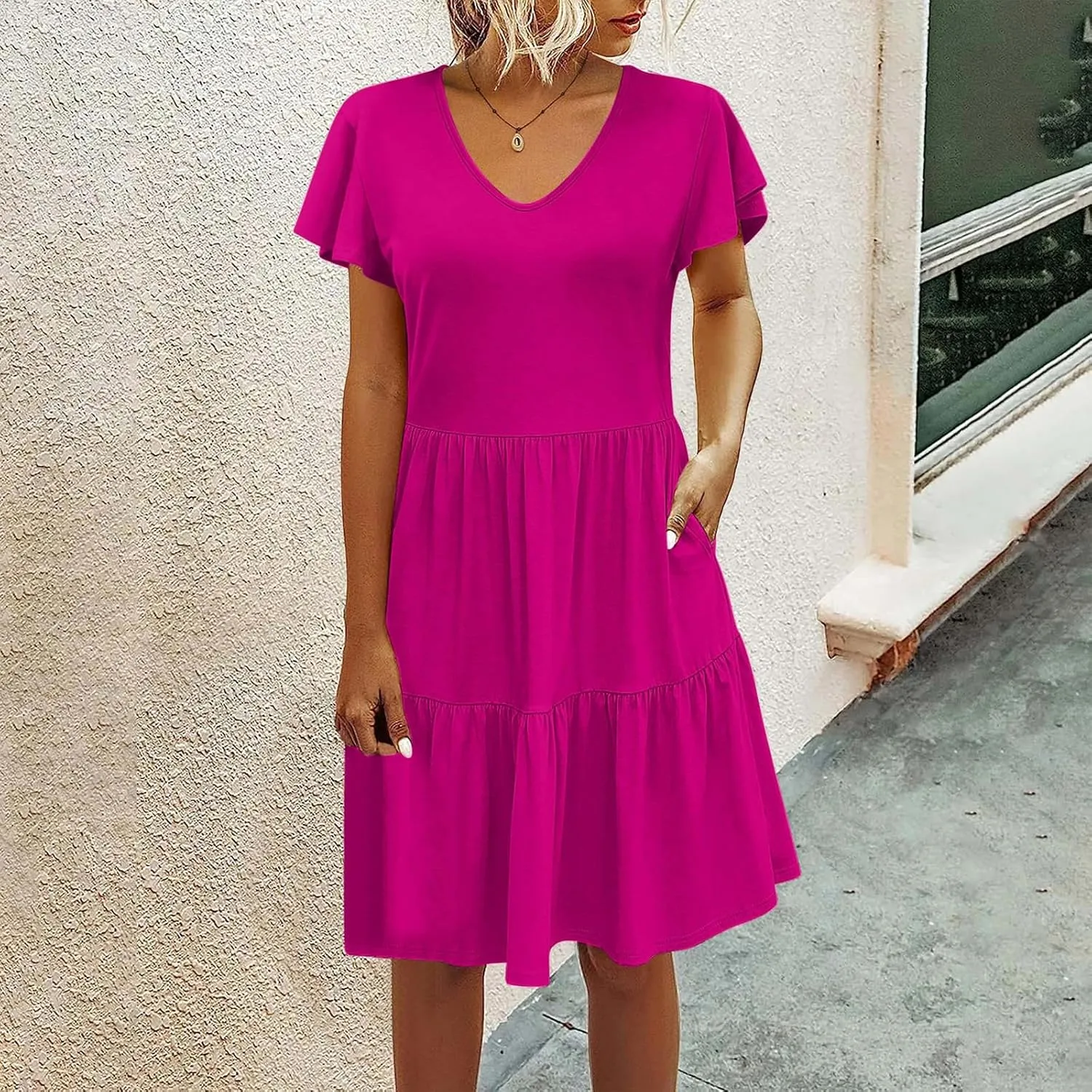 hlysgo Women's Casual Mini Dresses 2024 Summer V Neck Flowy Flutter Sleeve Dress Casual Short Ruffle Sundresses