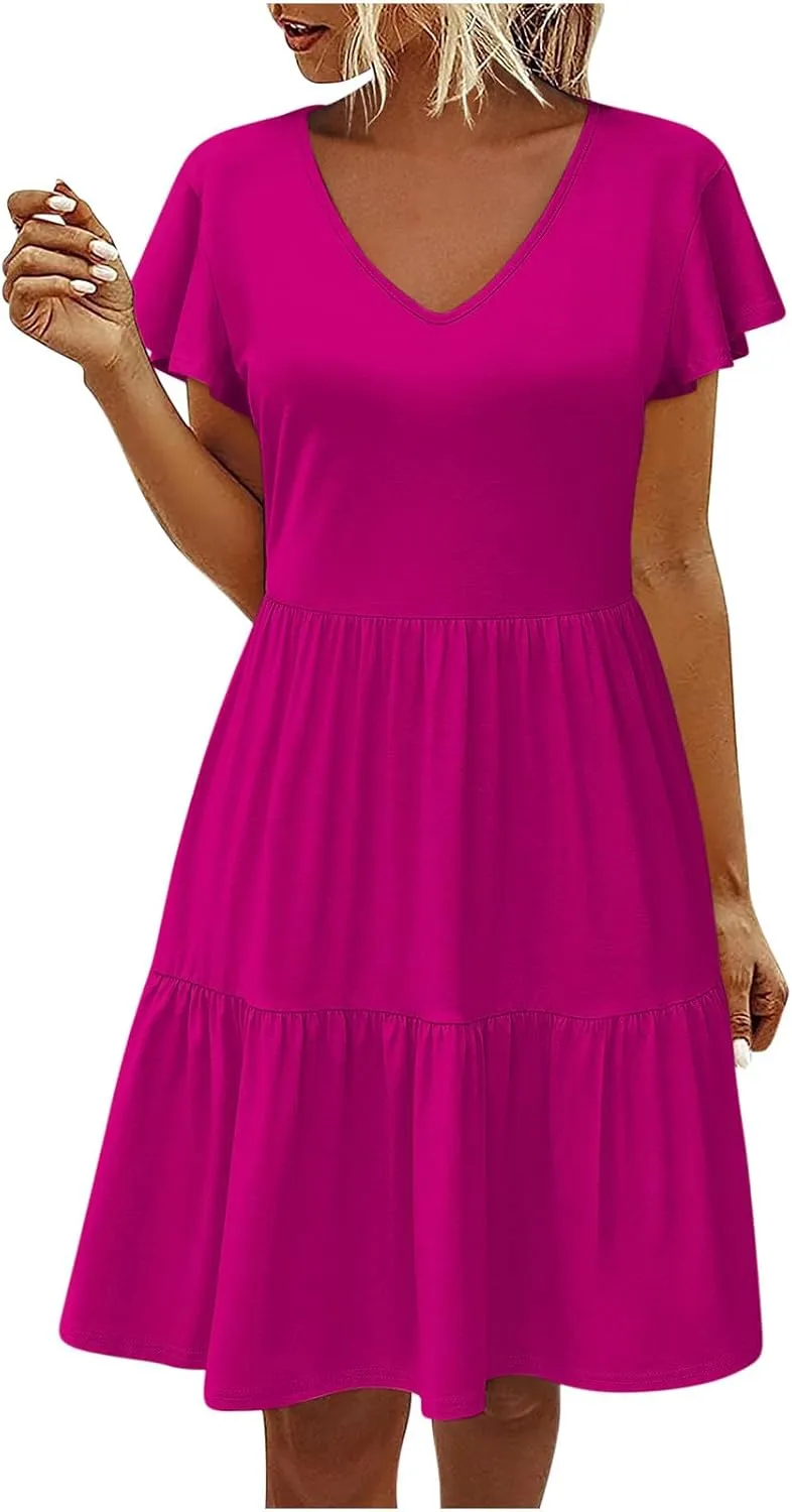 hlysgo Women's Casual Mini Dresses 2024 Summer V Neck Flowy Flutter Sleeve Dress Casual Short Ruffle Sundresses