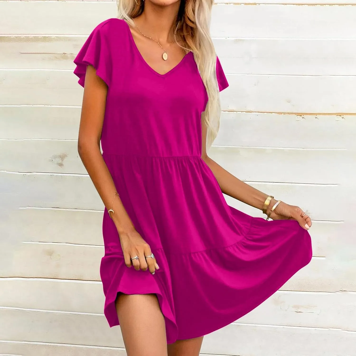 hlysgo Women's Casual Mini Dresses 2024 Summer V Neck Flowy Flutter Sleeve Dress Casual Short Ruffle Sundresses