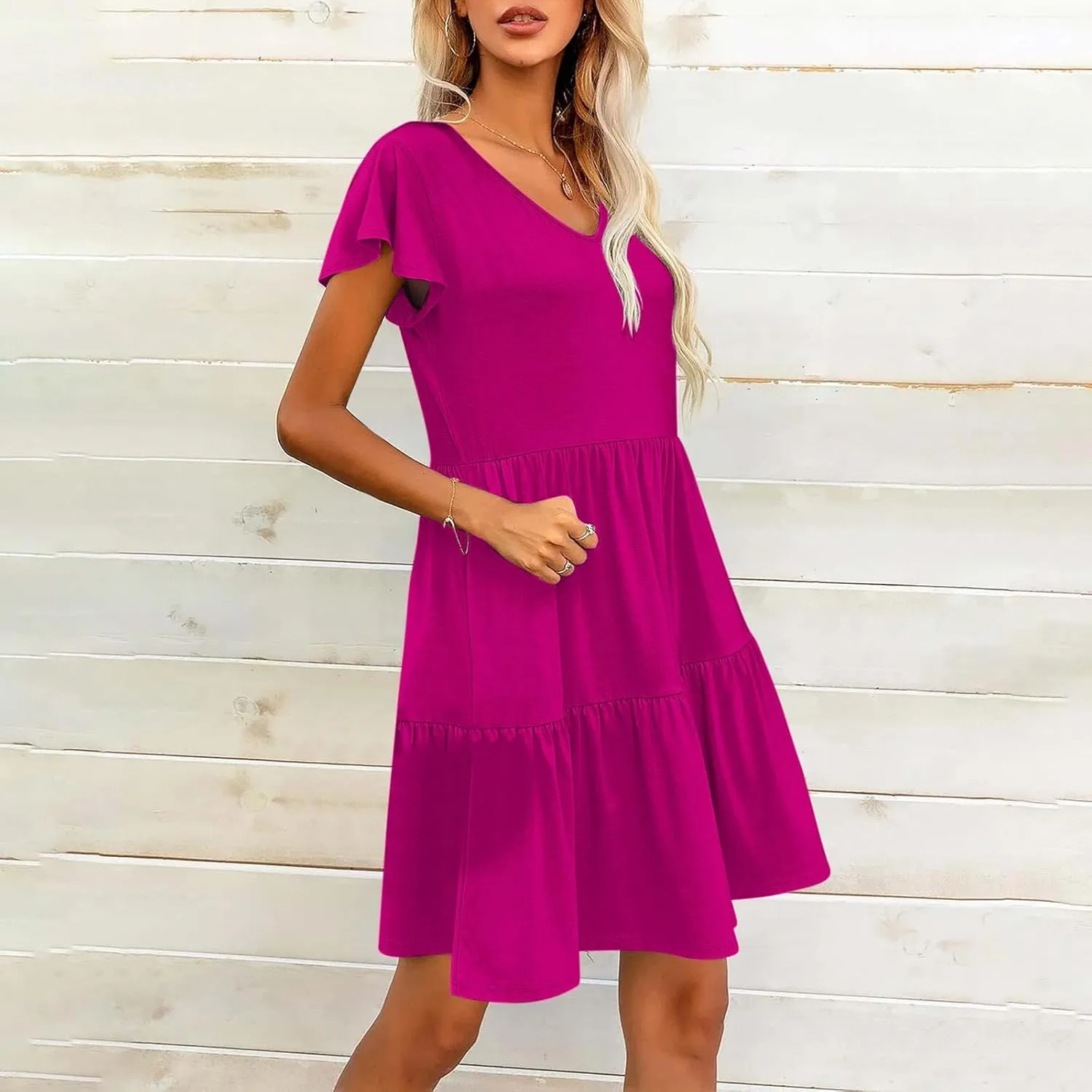 hlysgo Women's Casual Mini Dresses 2024 Summer V Neck Flowy Flutter Sleeve Dress Casual Short Ruffle Sundresses