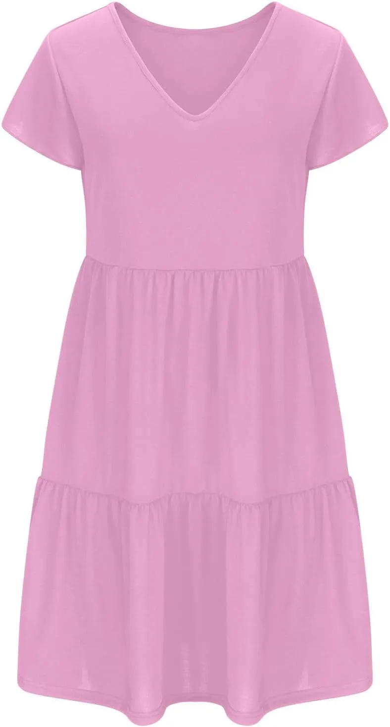 hlysgo Women's Casual Mini Dresses 2024 Summer V Neck Flowy Flutter Sleeve Dress Casual Short Ruffle Sundresses
