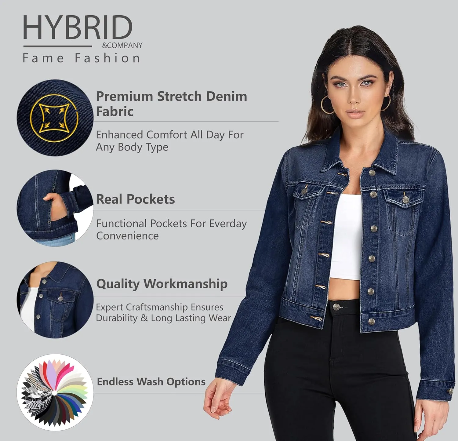 Hybrid & Company Women's Long Sleeve Denim Jackets Basic Button Down Jean Jacket with Pockets