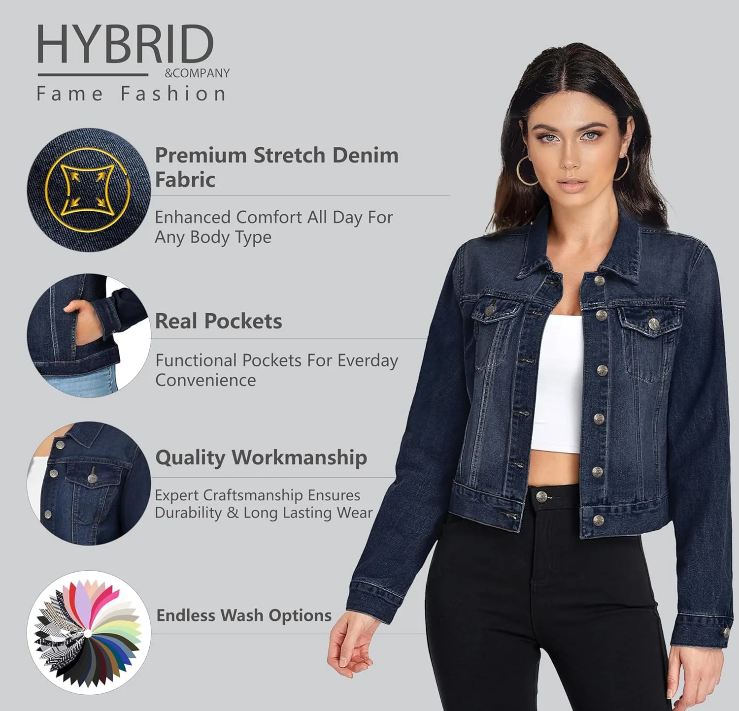 Hybrid & Company Women's Long Sleeve Denim Jackets Basic Button Down Jean Jacket with Pockets