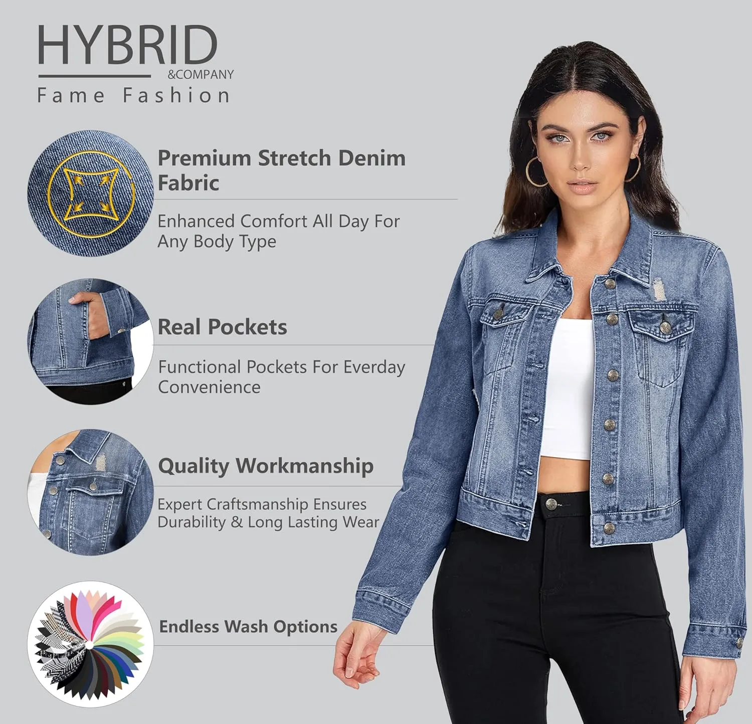Hybrid & Company Women's Long Sleeve Denim Jackets Basic Button Down Jean Jacket with Pockets