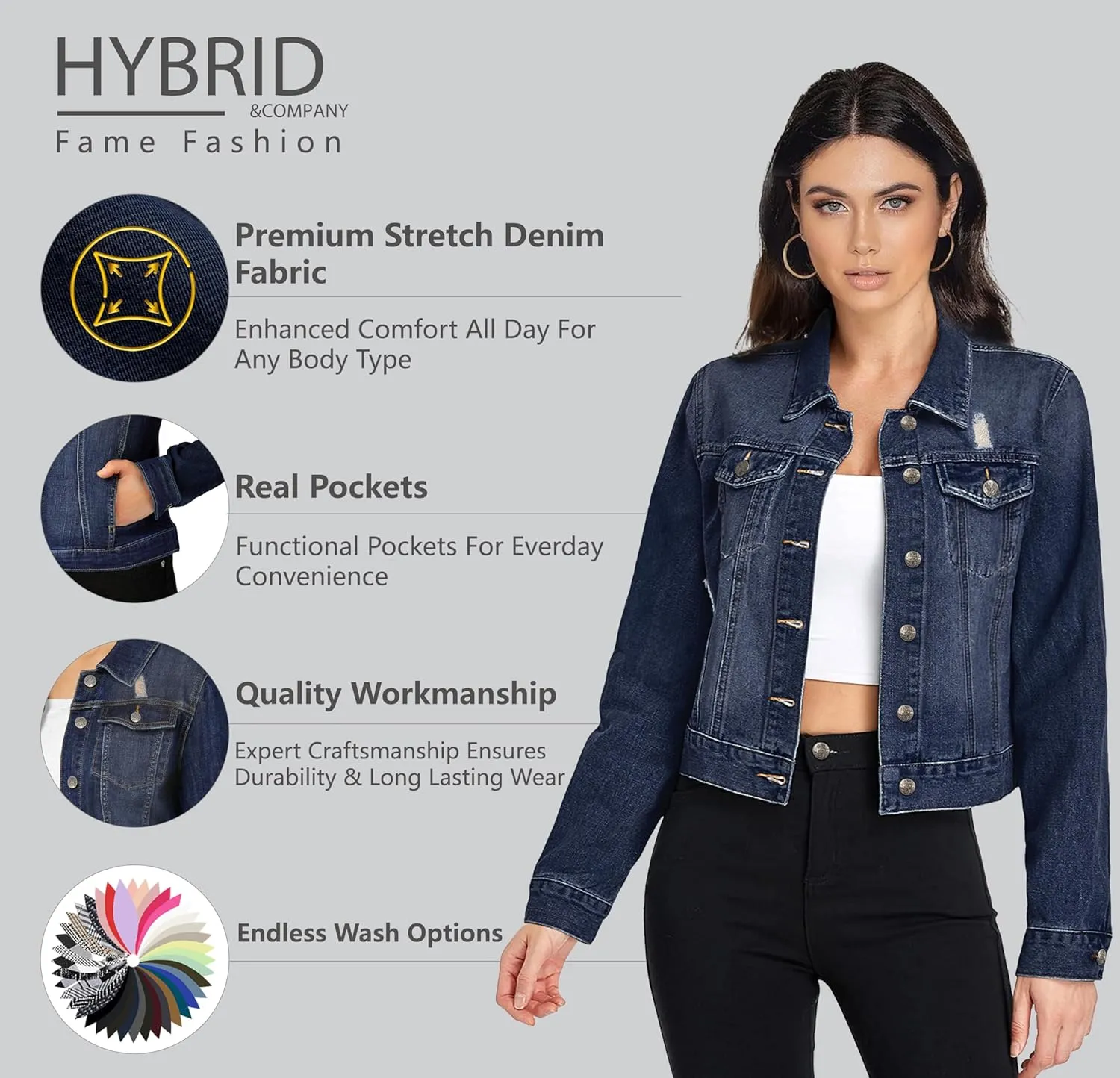 Hybrid & Company Women's Long Sleeve Denim Jackets Basic Button Down Jean Jacket with Pockets