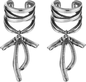 HZMAN Bow Dangle Ear Cuffs Earrings for Women Silver Stainless Steel Non-Piercing Earrings