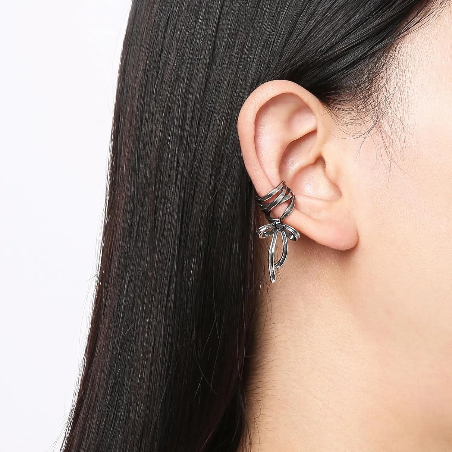 HZMAN Bow Dangle Ear Cuffs Earrings for Women Silver Stainless Steel Non-Piercing Earrings