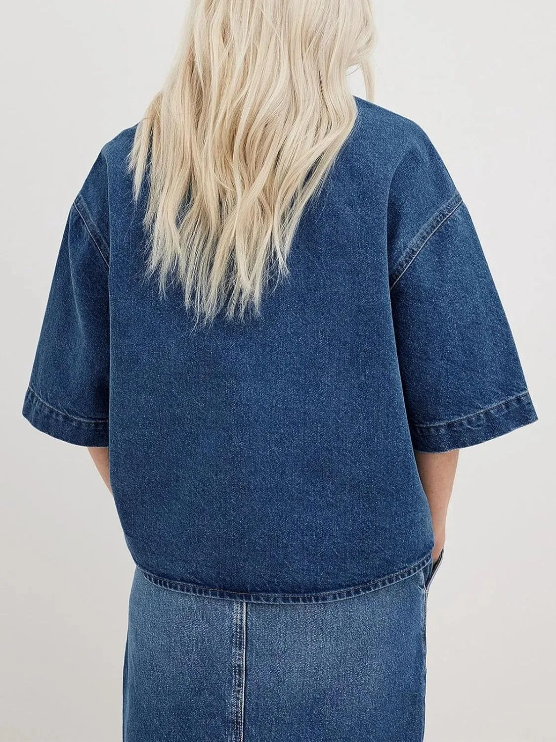 Imily Bela Womens Oversized Short Sleeve Denim Jackets Trendy Cropped Jean Tops Shackets