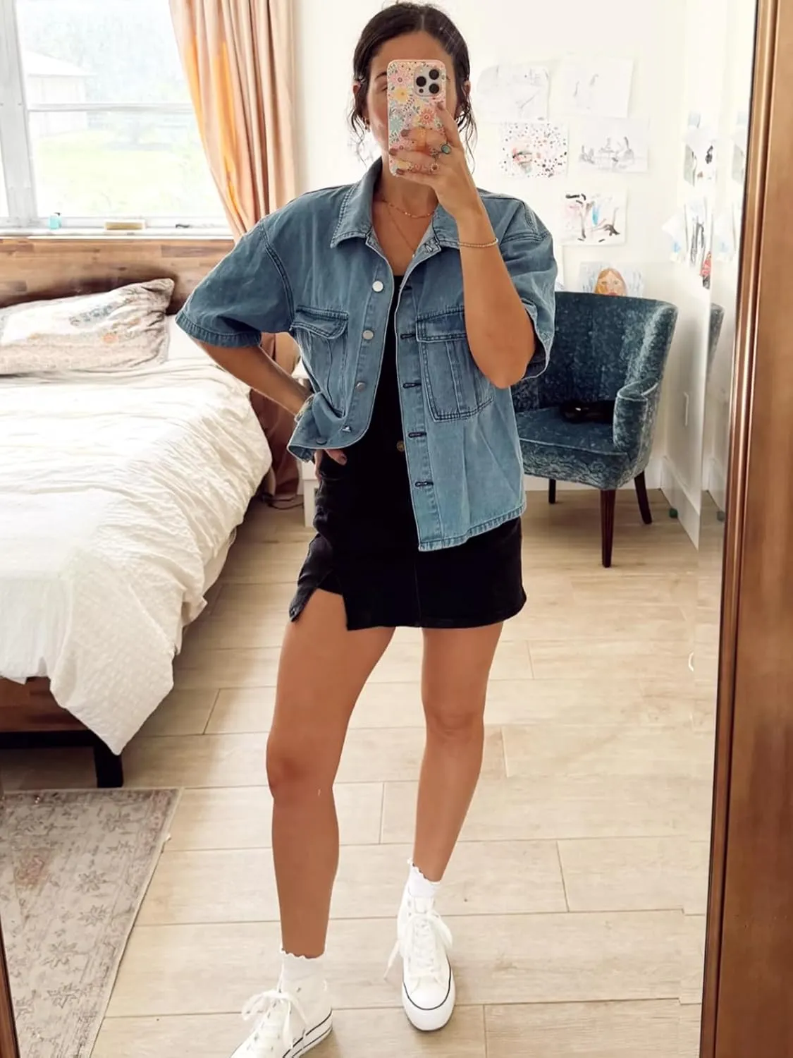 Imily Bela Womens Oversized Short Sleeve Denim Jackets Trendy Cropped Jean Tops Shackets