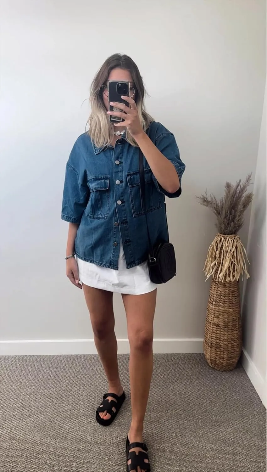 Imily Bela Womens Oversized Short Sleeve Denim Jackets Trendy Cropped Jean Tops Shackets