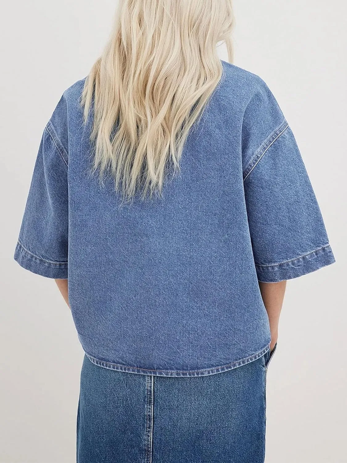 Imily Bela Womens Oversized Short Sleeve Denim Jackets Trendy Cropped Jean Tops Shackets