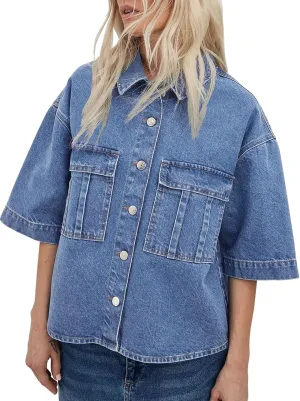 Imily Bela Womens Oversized Short Sleeve Denim Jackets Trendy Cropped Jean Tops Shackets