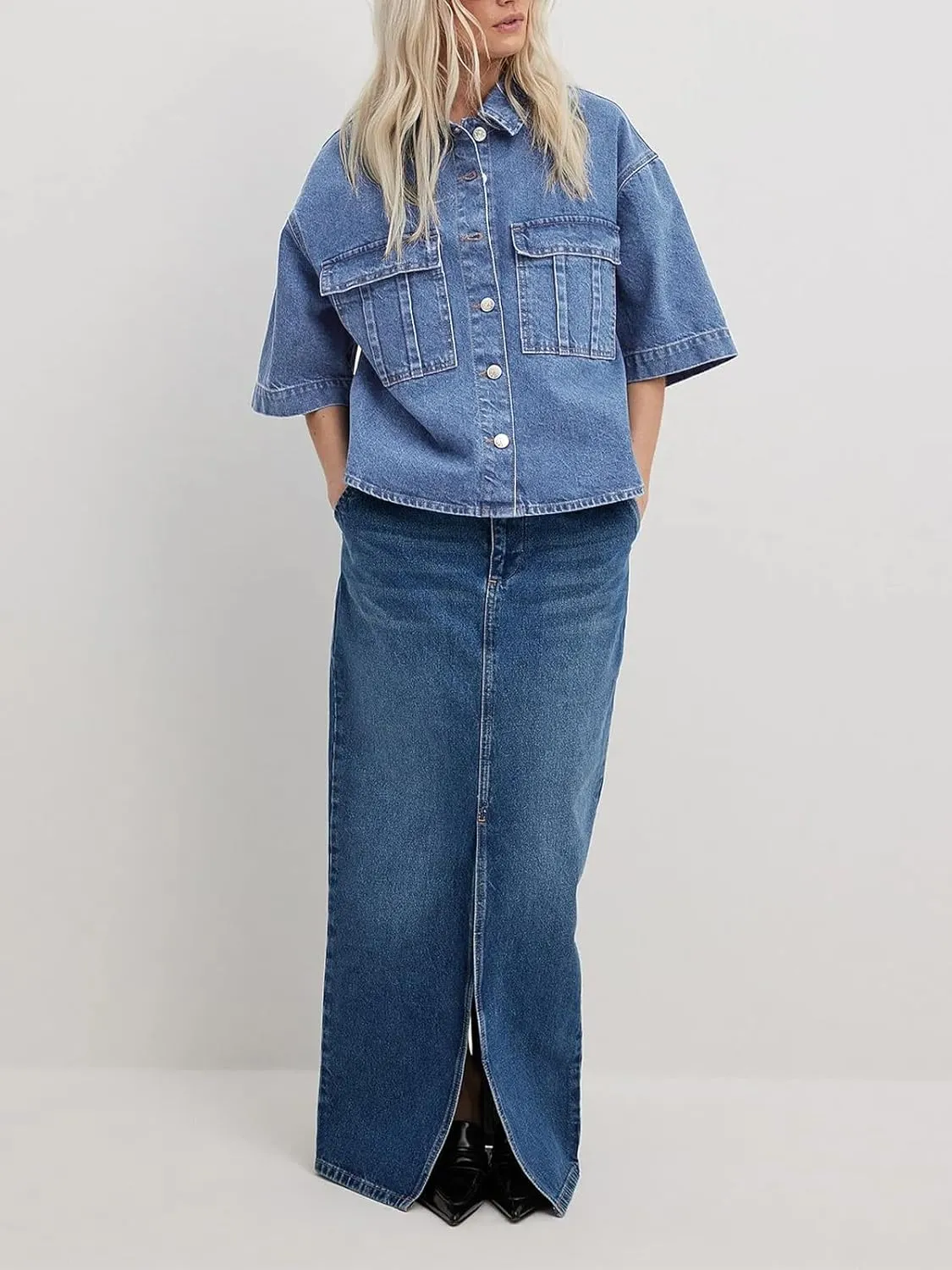 Imily Bela Womens Oversized Short Sleeve Denim Jackets Trendy Cropped Jean Tops Shackets