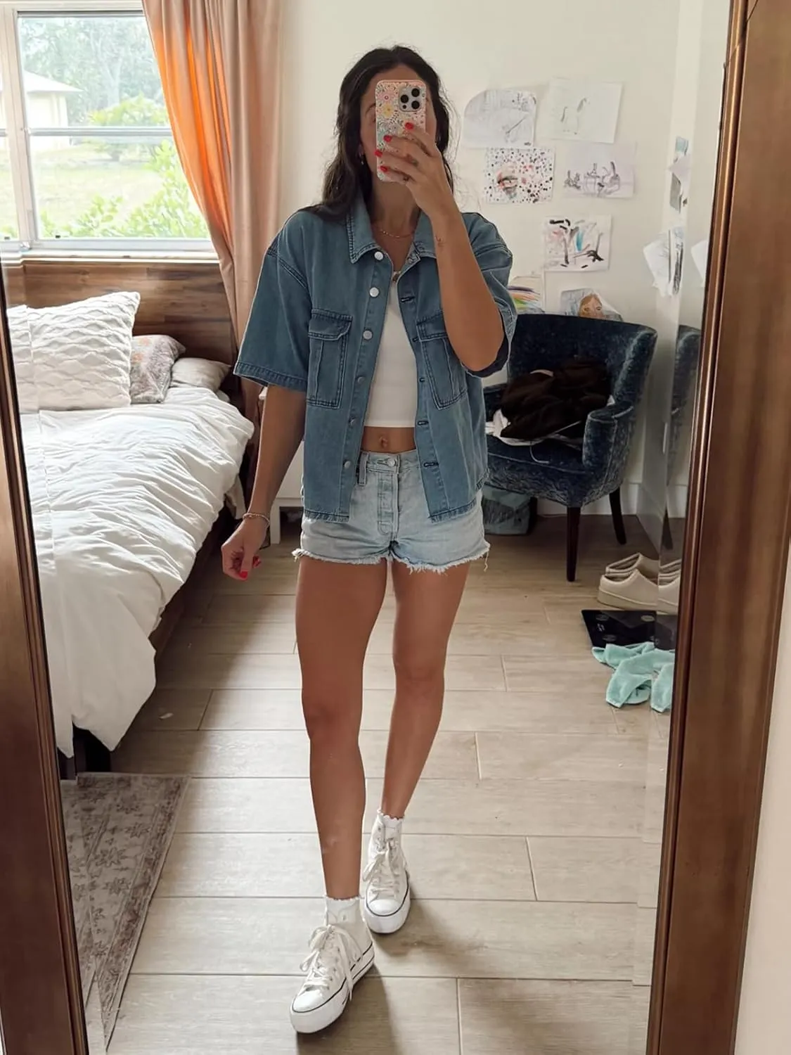 Imily Bela Womens Oversized Short Sleeve Denim Jackets Trendy Cropped Jean Tops Shackets
