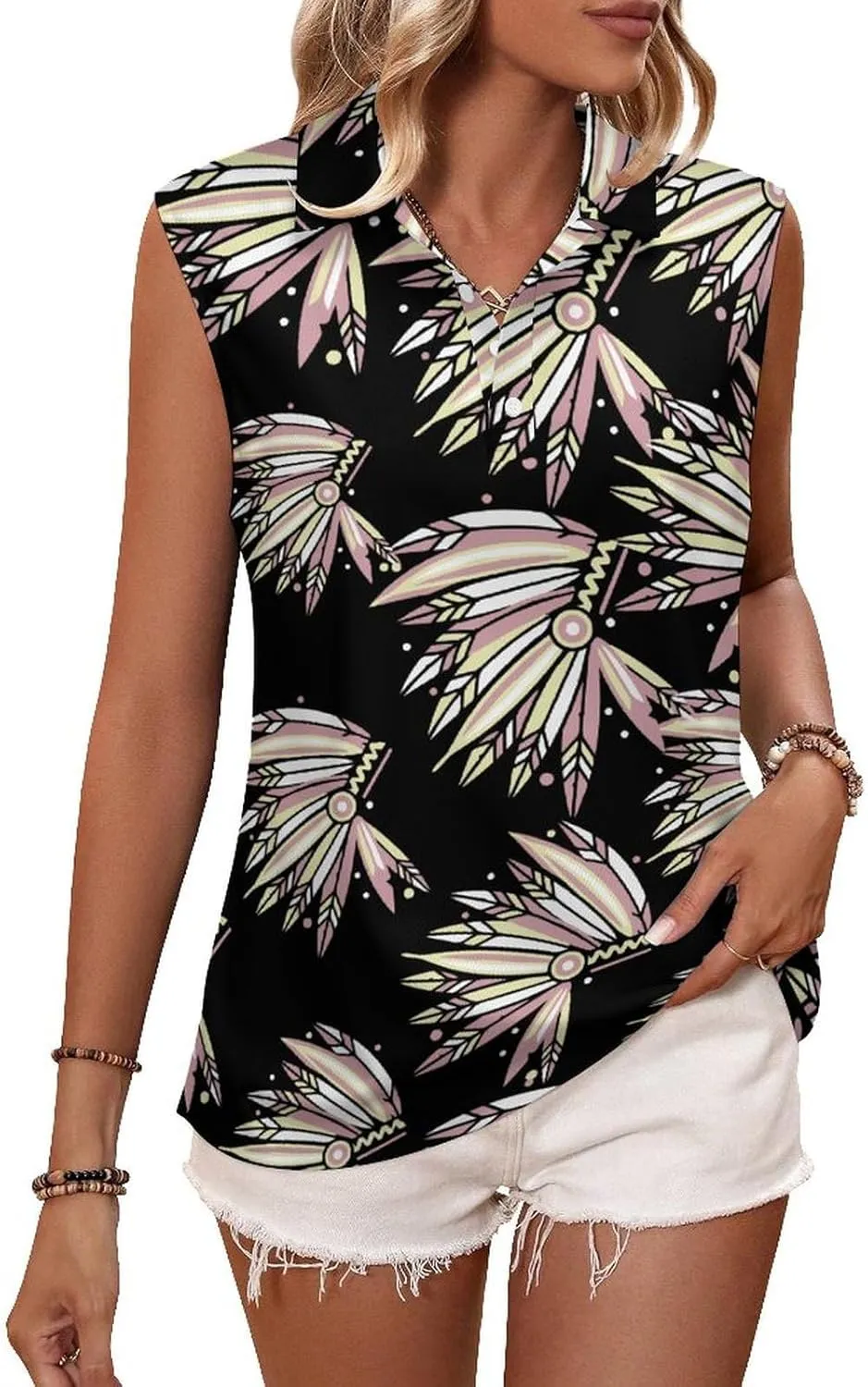 Indian Chieftain's Headdress Women's Sleeveless Golf Polo Shirts Athletic Tank Tops