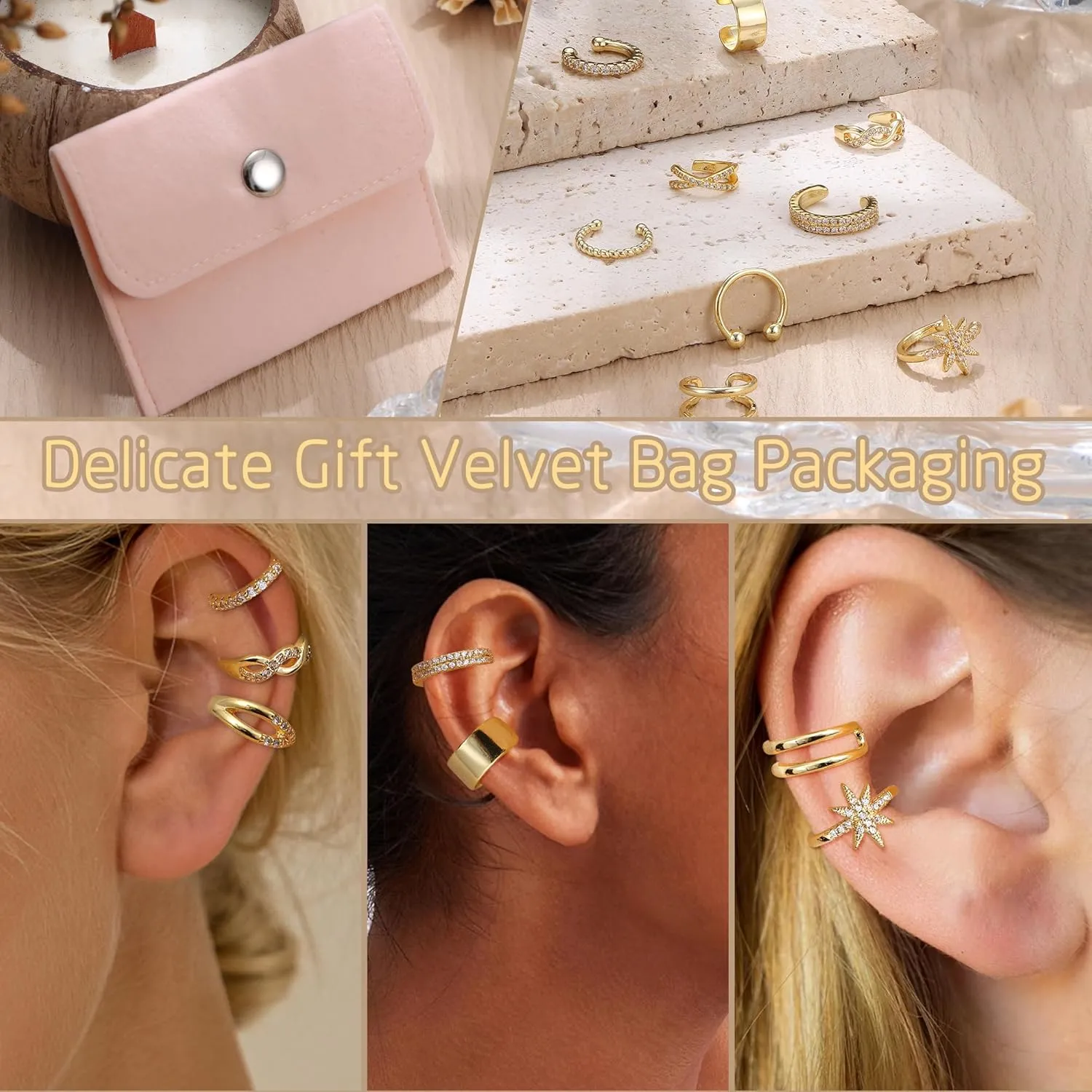 JeryWe 9/12/16 Pcs Gold Ear Cuffs for Women Non Piercing Jewelry 14k Gold Plated Adjustable/Chunky Hollow 4-7MM Ear Cuff Lightweight Trendy Thick Gold Jewelry Non-tarnish Clip on Cartilage Earrings