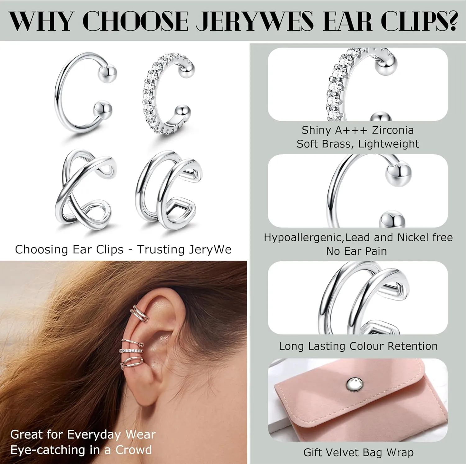 JeryWe Chunky Ear Cuff for Women - 14K Gold Plated Huggie Hoop, Faux Diamond Non Piercing Cuff Earrings, Clip On Elegant Ear Clips, Cartilage Wrap, Fashionable Fake Earring Cuffs for Non Pierced Ears