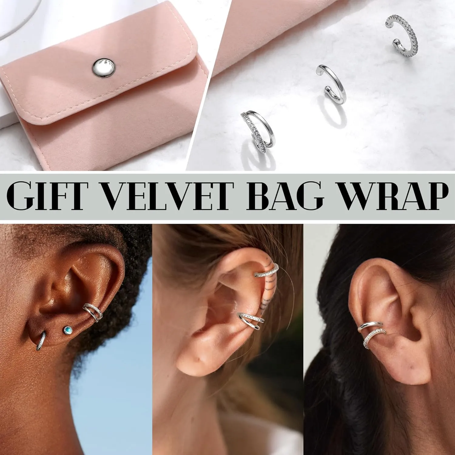 JeryWe Chunky Ear Cuff for Women - 14K Gold Plated Huggie Hoop, Faux Diamond Non Piercing Cuff Earrings, Clip On Elegant Ear Clips, Cartilage Wrap, Fashionable Fake Earring Cuffs for Non Pierced Ears