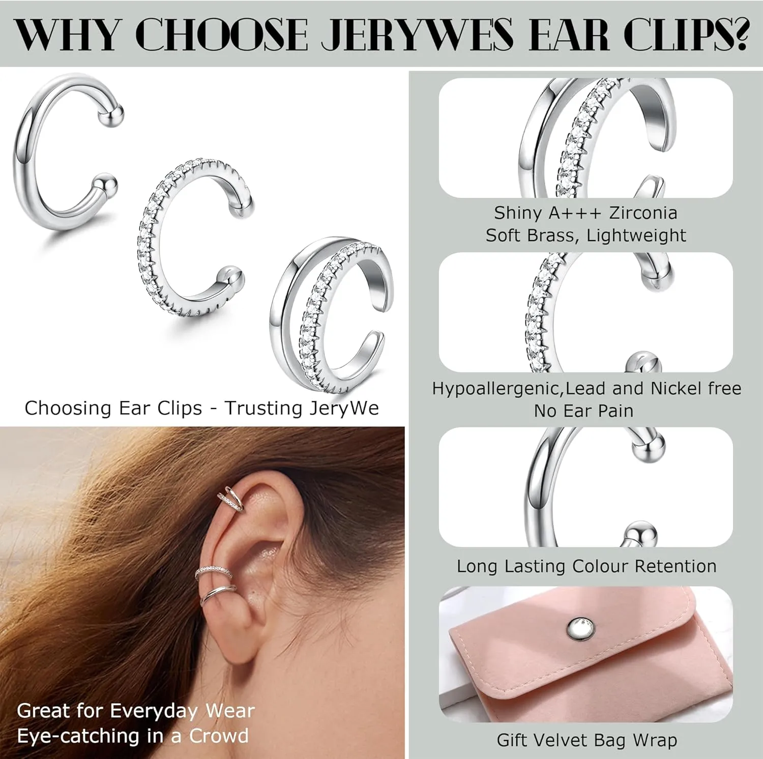 JeryWe Chunky Ear Cuff for Women - 14K Gold Plated Huggie Hoop, Faux Diamond Non Piercing Cuff Earrings, Clip On Elegant Ear Clips, Cartilage Wrap, Fashionable Fake Earring Cuffs for Non Pierced Ears