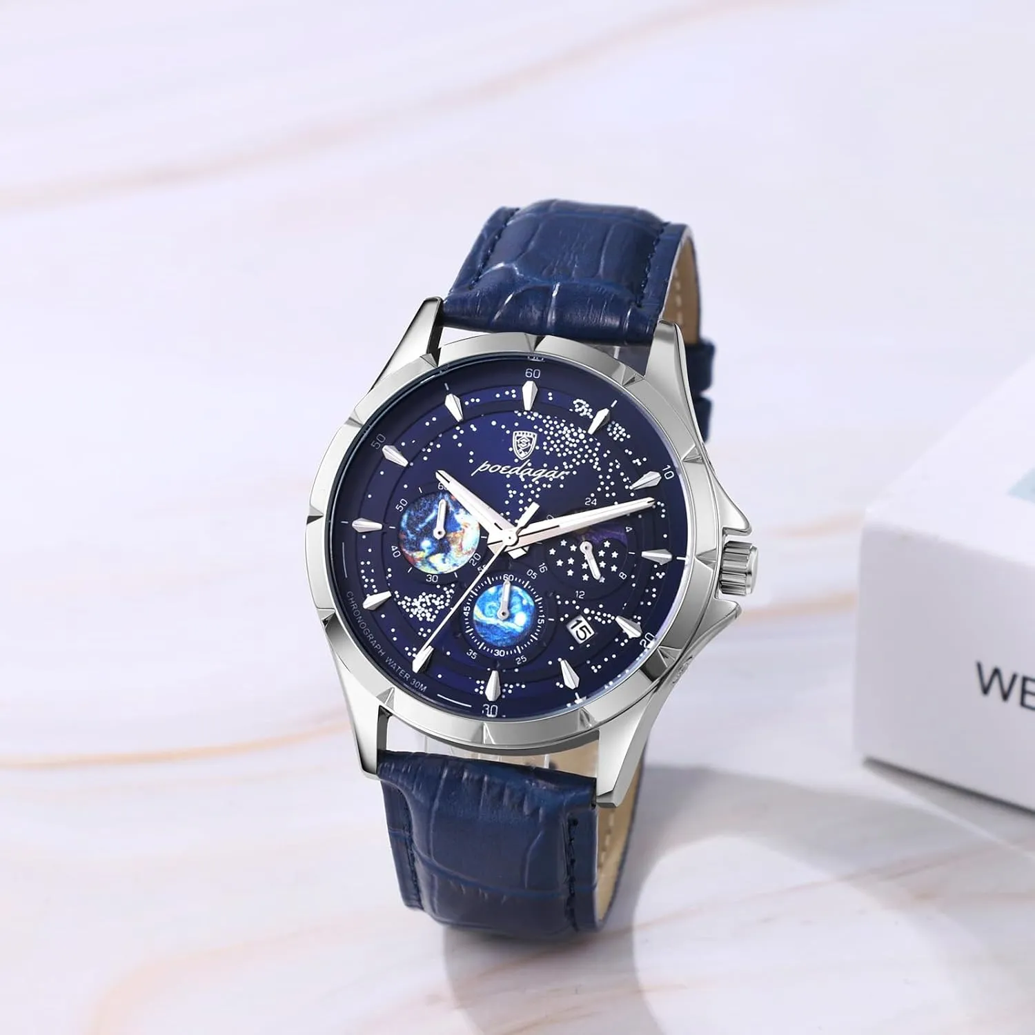 JewelryWe Men Leather Band Watch: Luminous 30M Waterproof Analog Quartz Chronograph Black Blue Wrist Watch
