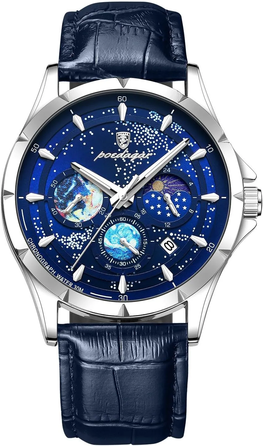 JewelryWe Men Leather Band Watch: Luminous 30M Waterproof Analog Quartz Chronograph Black Blue Wrist Watch