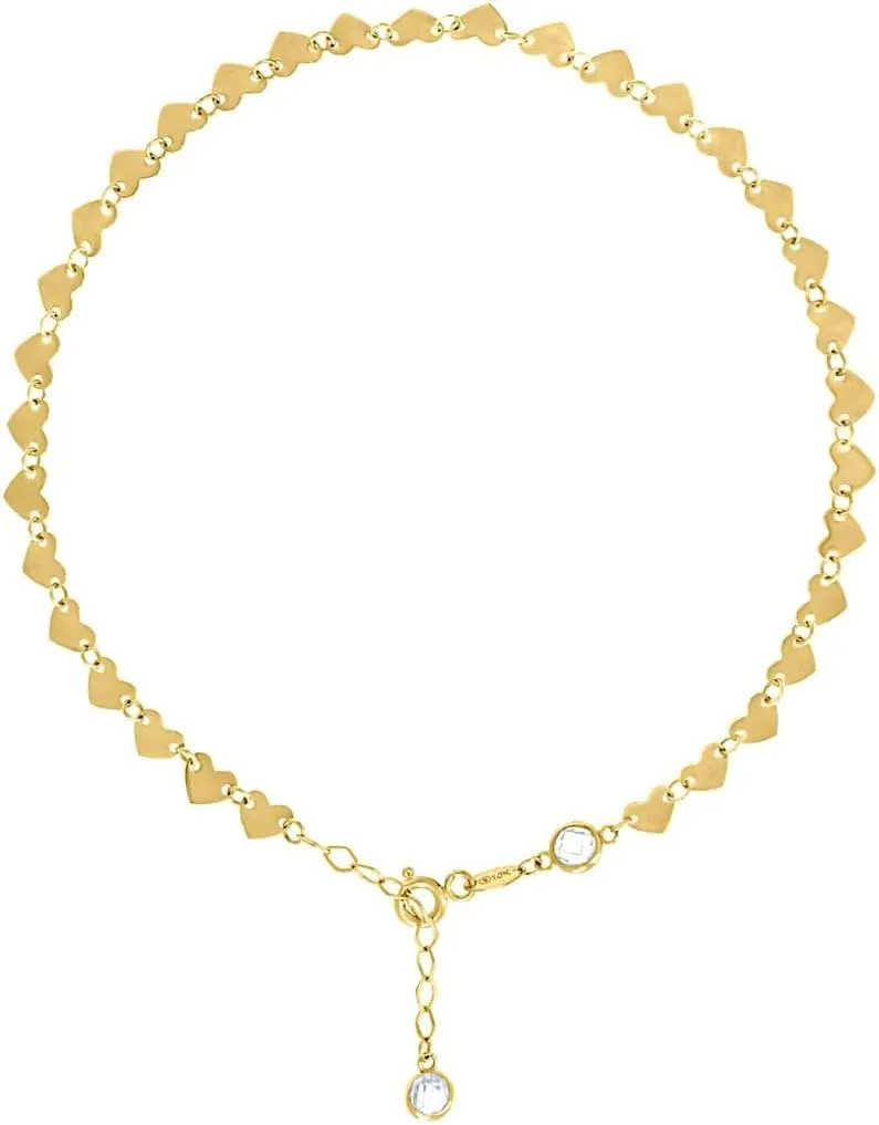 JewelryWeb 10k Yellow Gold Womens CZ Simulated Diamond Love Heart Link Anklet 9   1 Inch 4.4mm Wide-Anklet for Women