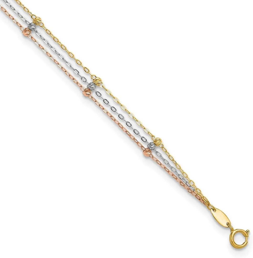 JewelryWeb 14k Solid Gold Tri color 3 strand Sparkle Cut Beaded Anklet 10 Inch-Anklet for Women