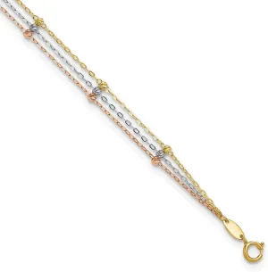 JewelryWeb 14k Solid Gold Tri color 3 strand Sparkle Cut Beaded Anklet 10 Inch-Anklet for Women