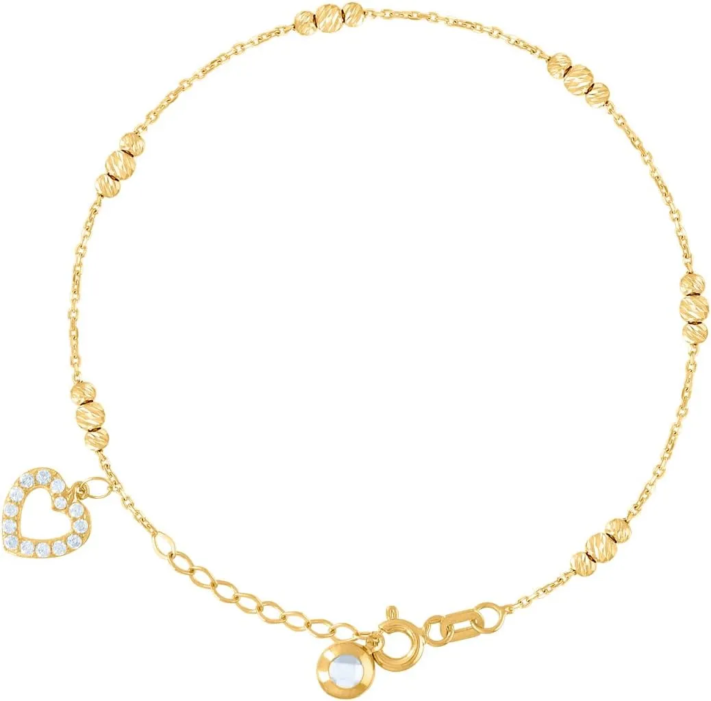 JewelryWeb 14k Yellow Gold Womens CZ Simulated Diamond Beaded Love Heart Charm Anklet Bracelet 8 Inch 13.8mm Long-Anklet for Women