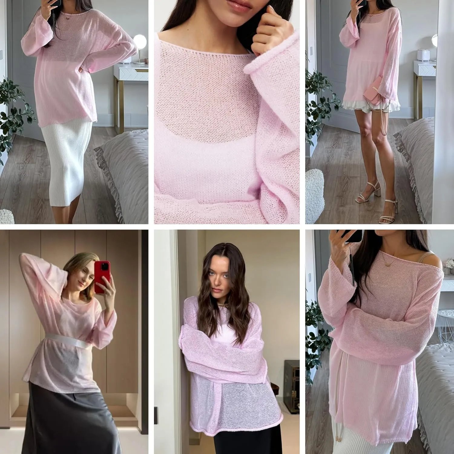 JUMISEE Womens See Through Oversized Sweater Flared Long Sleeve Loose Pullovers Fashion Knit Blouse Tee Tops