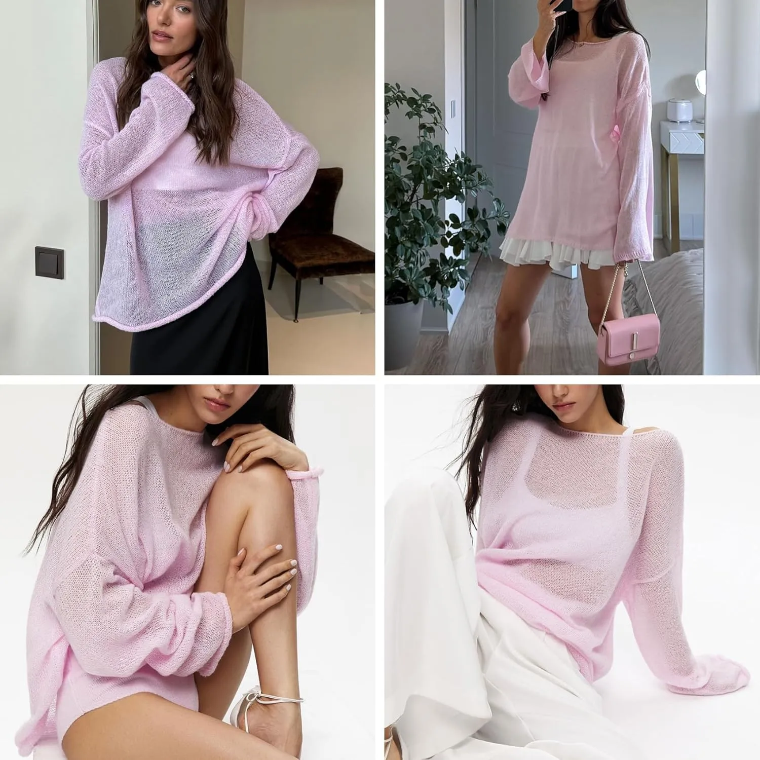 JUMISEE Womens See Through Oversized Sweater Flared Long Sleeve Loose Pullovers Fashion Knit Blouse Tee Tops
