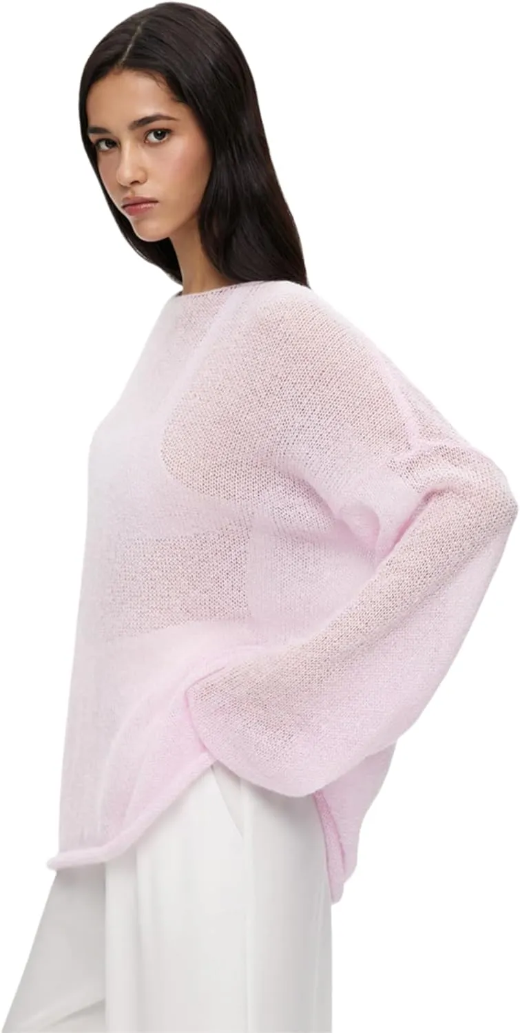 JUMISEE Womens See Through Oversized Sweater Flared Long Sleeve Loose Pullovers Fashion Knit Blouse Tee Tops