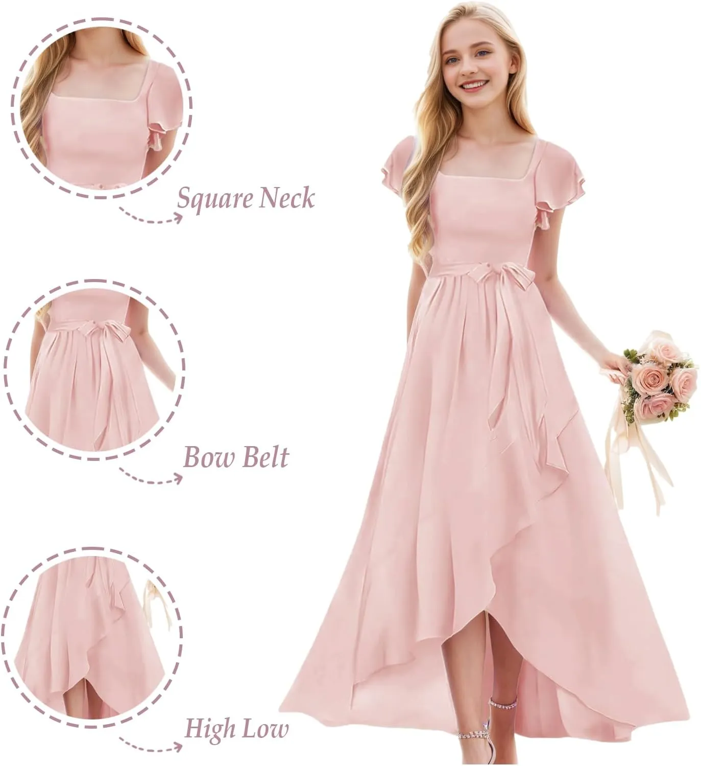 Junior Bridesmaid Dresses for Girls Chiffon Short Sleeve Flower Girl Dress for Wedding High Low Pageant Dress