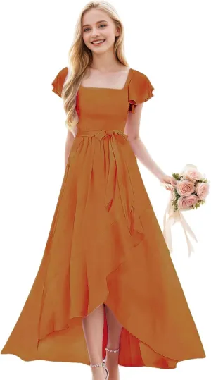 Junior Bridesmaid Dresses for Girls Chiffon Short Sleeve Flower Girl Dress for Wedding High Low Pageant Dress