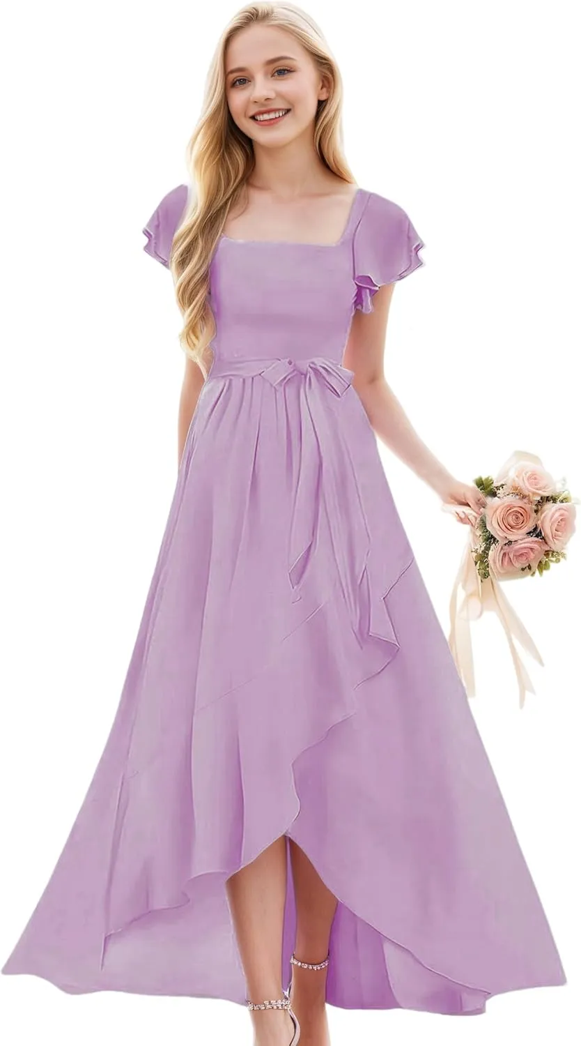 Junior Bridesmaid Dresses for Girls Chiffon Short Sleeve Flower Girl Dress for Wedding High Low Pageant Dress