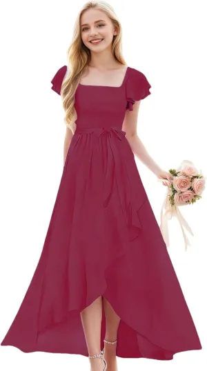 Junior Bridesmaid Dresses for Girls Chiffon Short Sleeve Flower Girl Dress for Wedding High Low Pageant Dress