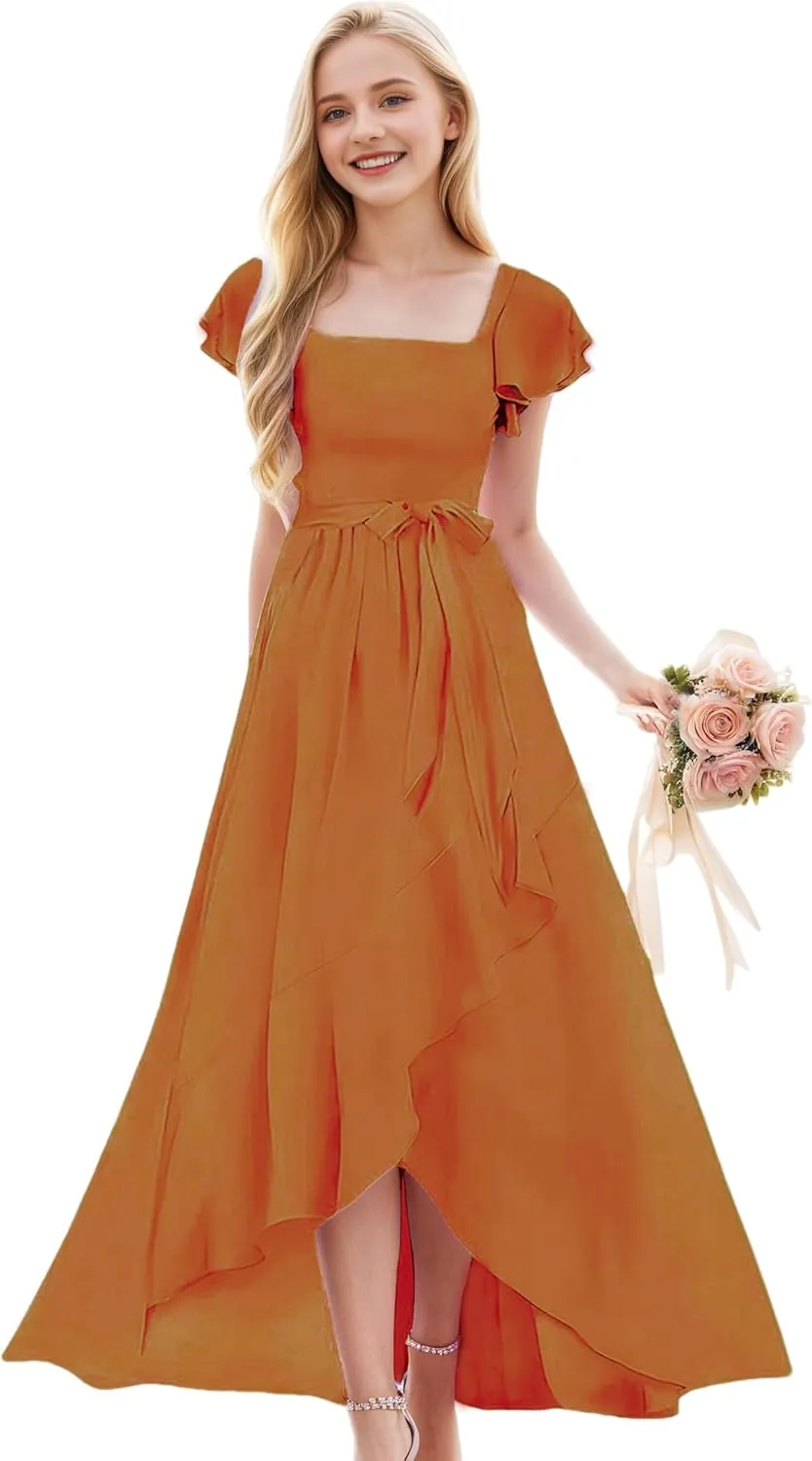 Junior Bridesmaid Dresses for Girls Chiffon Short Sleeve Flower Girl Dress for Wedding High Low Pageant Dress